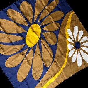 Vintage Scarf 1970s Groovy Daisy Flower Power Retro Fashion Accessory Blue Brown
